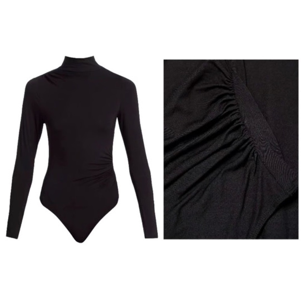 Good American Mock Neck Ruched Long Sleeve Bodysuit Black – Size 6 (3XL) NWT
